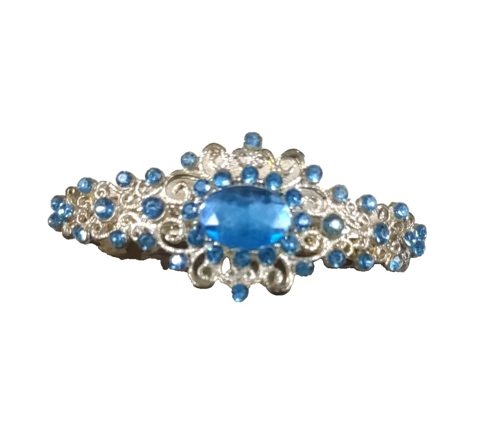 Light Blue Rhinestone Silver Tone Hair Barrette Tension Clip Elegant Feminine